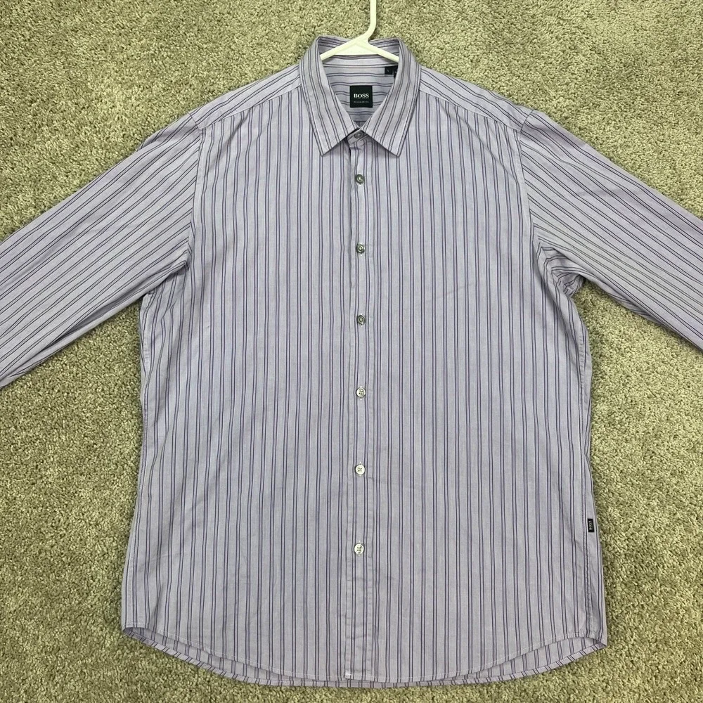 BOSS Hugo Boss Regular Fit Striped Dress Shirt Purple Lavender Mens L Large‎